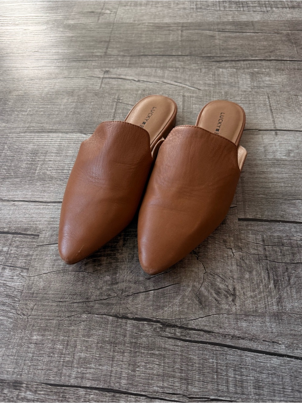 Lucky Brand Brynnuh brown slip on leather mules